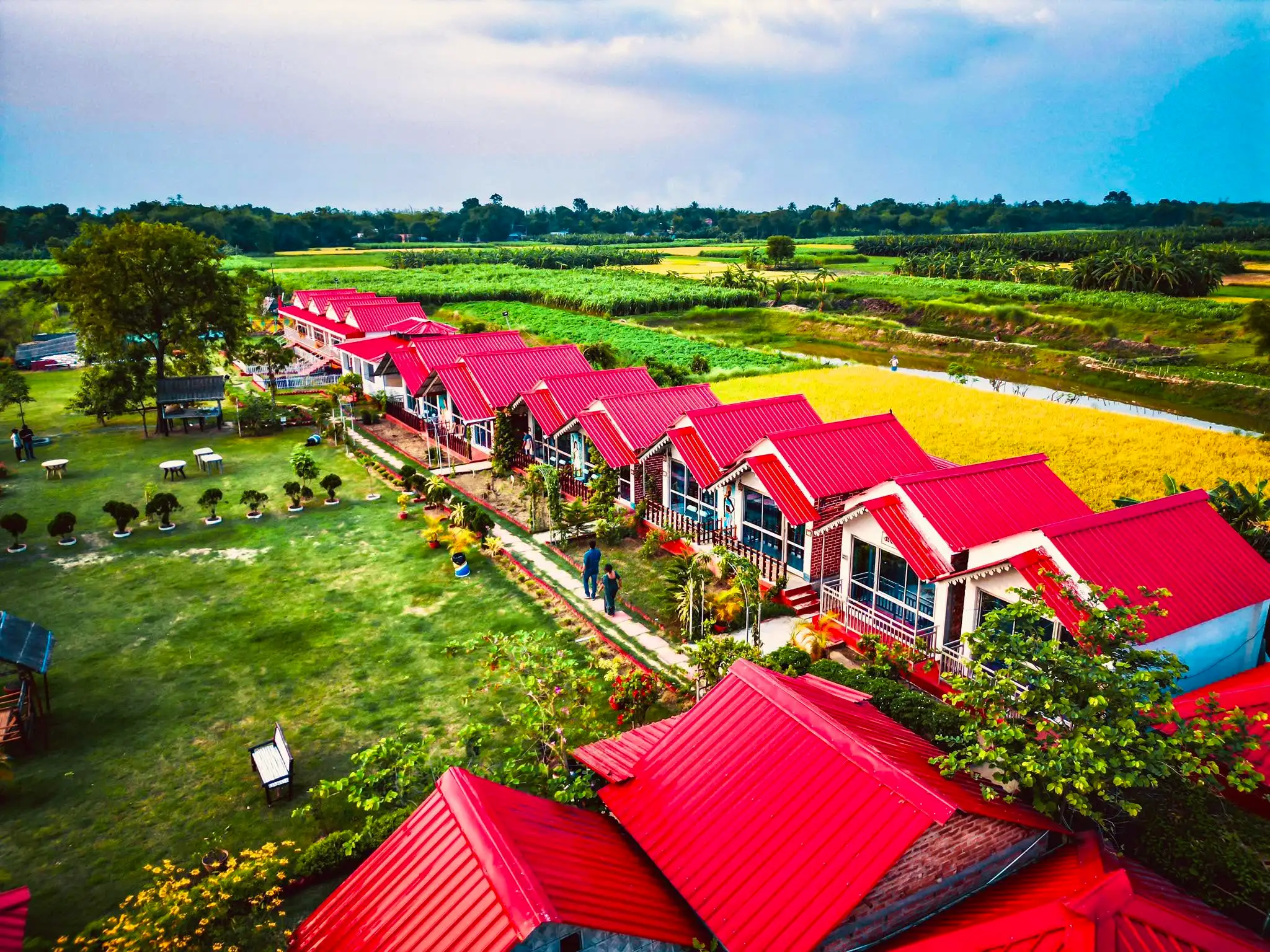 Aerial view of Tarangini Resort amid green fields