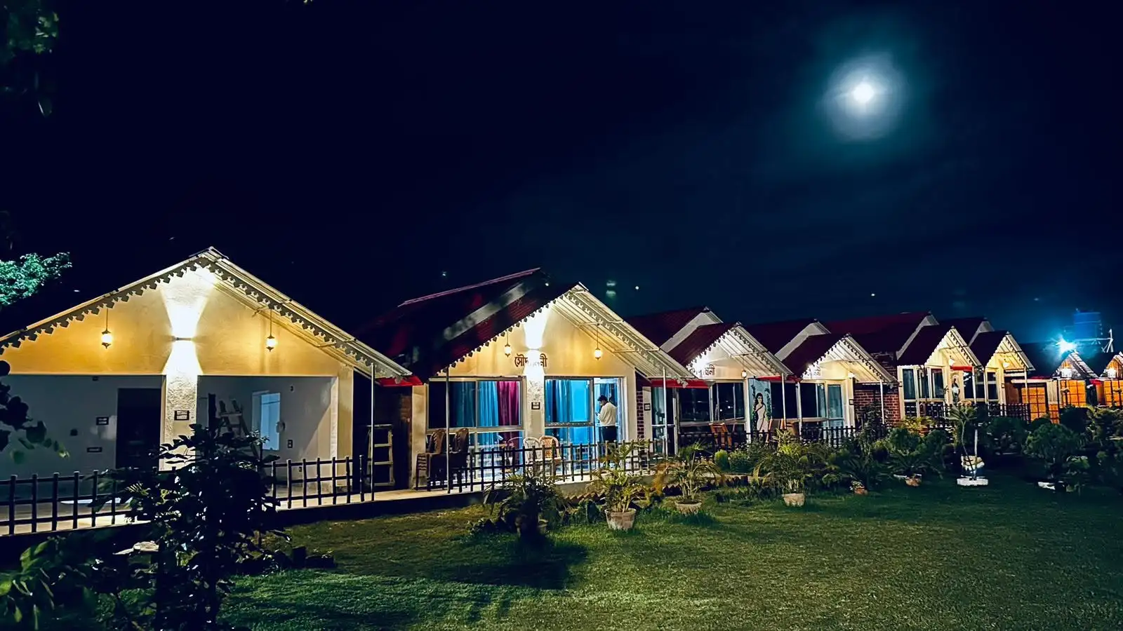 Tarangini Resort lit under the full moon